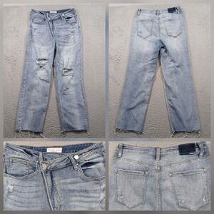 Risen Jeans High Rise Crossover Waist Distressed Straight Leg Womens 11 EUC